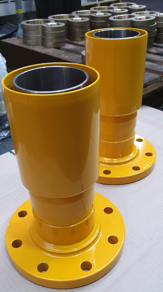 flanged ANSI150 hose tails and ferrules powder coated yellow